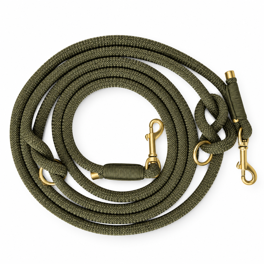 Handgemaakt - Handsfree Riem Olive Green (voor alle honden)